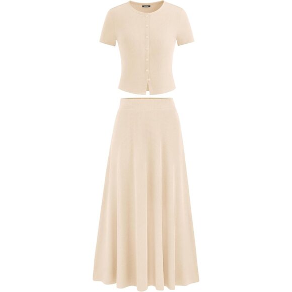 Women's 2 Piece Skirt Set Summer Knit Crop Top Flowy Maxi Casual Outfits - Picture 1 of 8